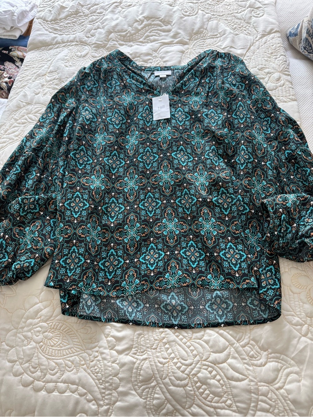 J. Jill Teal and Black Printed V-Neck Blouse